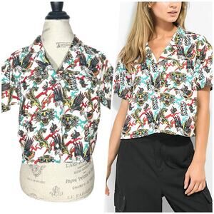 Empyre | Women | Kidd White Tiger Eagle Skull Cropped SS Button Up Shirt | XS